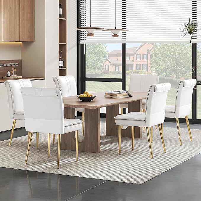 VECELO Upholstered PU Dining Chairs Set of 6, Kitchen Chairs with Padded Seat for Living Room, Dining Room, High Back and Steel Legs, Easy Assembly, White