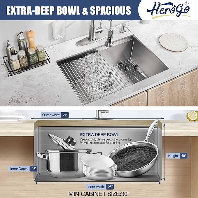 27x18Inch Undermount Kitchen Sink, Herogo Stainless Steel Single Bowl Handmade 16 Gauge 10'' Deep Kitchen Workstaion Sink Basin with Accessories