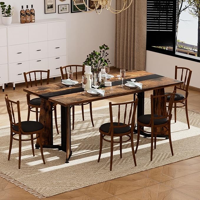 71" Scratch-Resistant Island Table, Rustic Dining Table with Premium MDF, Farmhouse Dining Table for Kitchen & Living Room, Black,Rustic Brown
