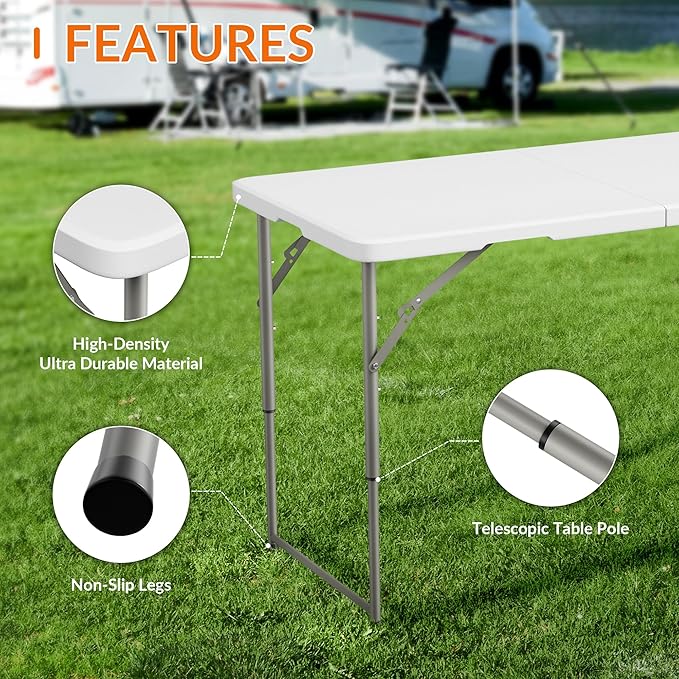 Elevon 4 Feet Heavy Duty Folding Table with Adjustable Height, Fold-in-Half Portable Table for Indoor Outdoor Use - Camping, Picnic, Party, Wedding, Dining, Utility Table