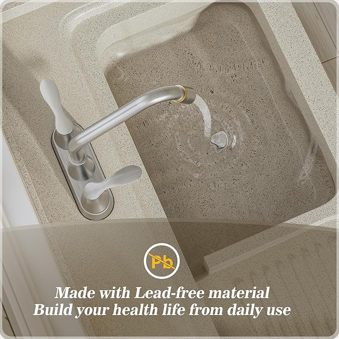 Phiestina Brushed Nickel Utility Sink Faucet 3 Hole, Laundry Sink Faucet with Pull Out Sprayer, Long Spout Dual Handle Modern Bathroom Faucet, 4 Inch CenterSet Room Sink Faucets, LF36CL-2M-BN