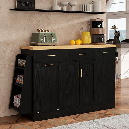 Multi-Functional Storage Sideboard, Trash Can Storage, Sliding Door Cabinet & 3-Tier Spice Rack,Kitchen Island Table for Kitchen, Dining Room (Black)