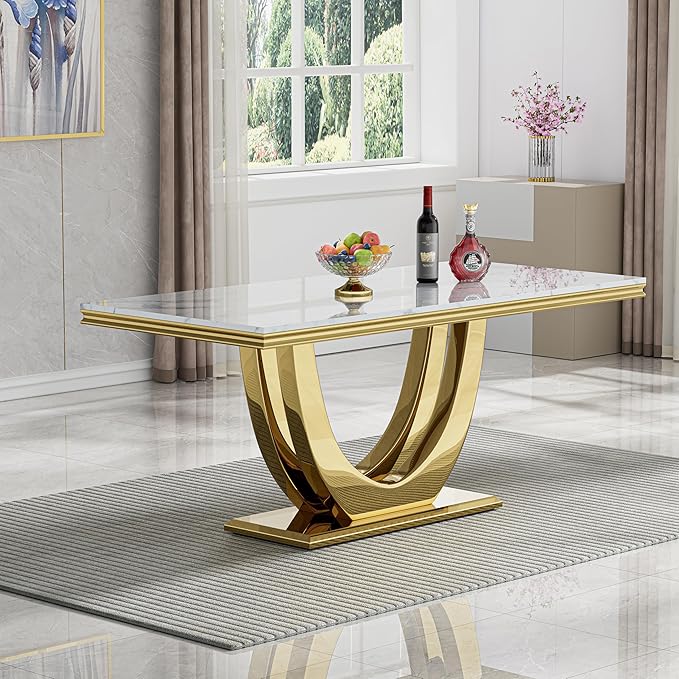 Modern Dining Table for 6-8, 68 Inch White Marble Kitchen Dining Room Table with Gold Mirrored U-Shape Base, Luxurious Rectangular Faux Marble Dinner Table for Dining Room,Living Room