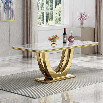 Modern Dining Table for 6-8, 68 Inch White Marble Kitchen Dining Room Table with Gold Mirrored U-Shape Base, Luxurious Rectangular Faux Marble Dinner Table for Dining Room,Living Room