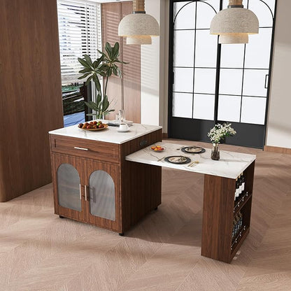 Expandable Kitchen Island with Dining Table, Modern Space Saving Kitchen & Dining Room Furniture, Sturdy Frame Construction, Easy Assembly Mobile Storage Cart,Walnut-MDF-DiningRoo