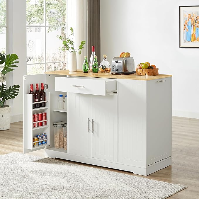 53 inch Large Kitchen Island Cart with Trash Can Storage Cabinet,Drawer and Adjustable Shelves,Breakfast Bar Cabinet for 13 Gallon Garbage Bin (White+Oak@w)
