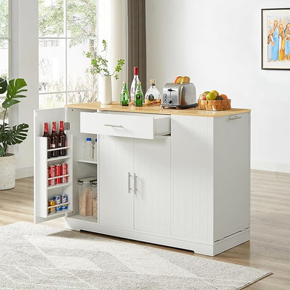53 inch Large Kitchen Island Cart with Trash Can Storage Cabinet,Drawer and Adjustable Shelves,Breakfast Bar Cabinet for 13 Gallon Garbage Bin (White+Oak@w)