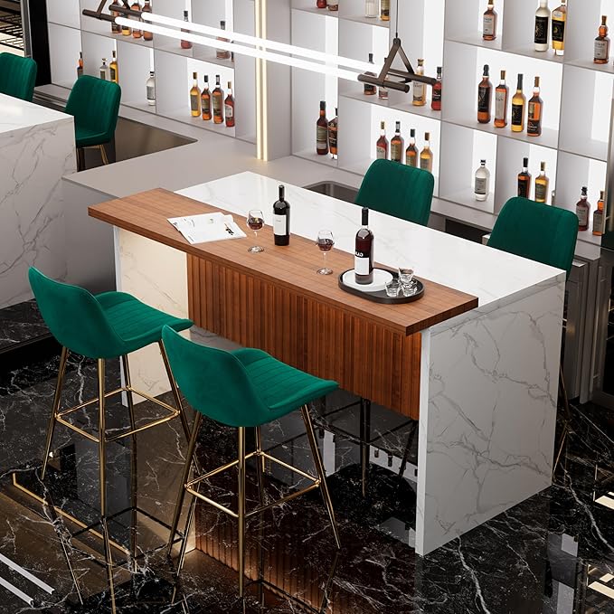 Modern Bar Table and Bar Stools Set, Marble-Look Counter Table with Wood Accent Top & Green Velvet Bar Chairs Set of 4 with Gold Legs, Kitchen Island Pub Table Set for Home Bar, Dining Room