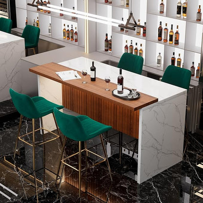 Modern Bar Table and Bar Stools Set, Marble-Look Counter Table with Wood Accent Top & Green Velvet Bar Chairs Set of 4 with Gold Legs, Kitchen Island Pub Table Set for Home Bar, Dining Room