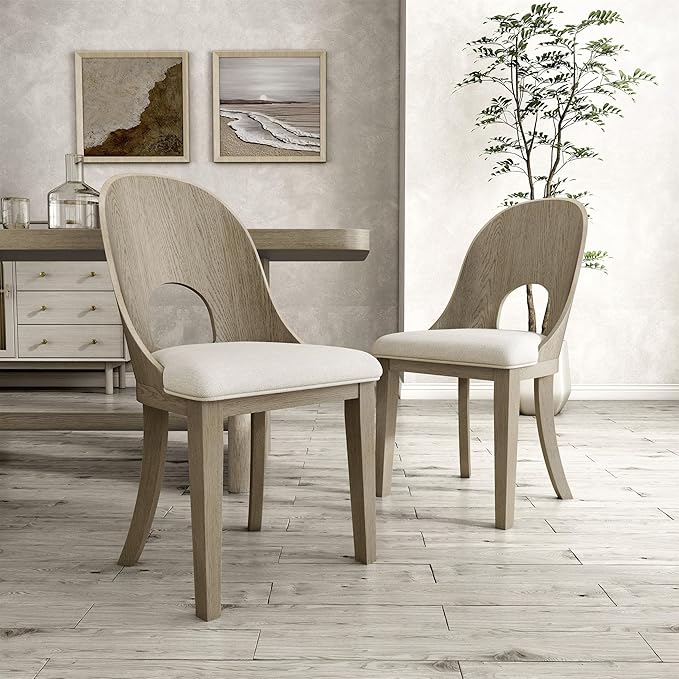 Furniture of America Selyra Modern Solid Wood Dining Chairs Set of 2 with Curved Wood Back, Comfortable Upholstered Seating for Dining Room, Home Kitchen, White Oak