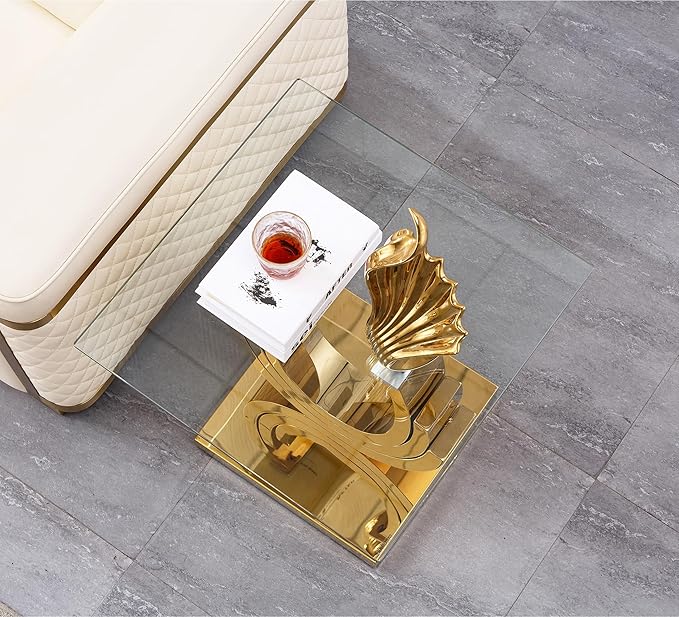HomVent 22.83" Glass End Table, Living Room Tables, Modern Gold Tempered Glass Top Side Tables Bedroom, Square Small Bed Bedside Eating Table Nightstand for Home Office with Stainless Steel Base