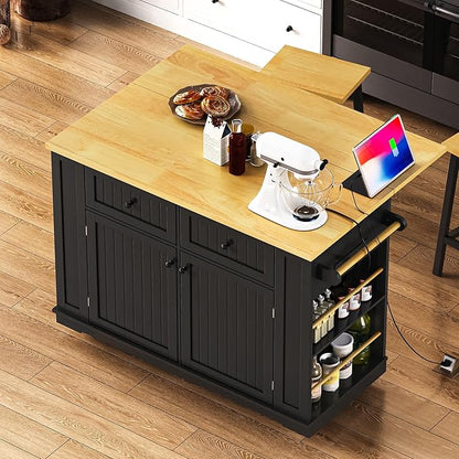 GOWE 48inch Large Kitchen Island with 2 Bar Stools, Power Outlet, Door Internal Storage Rack, Kitchen Storage Cart on 5 Wheels with Drop Leaf, 5 Open Side Racks, 2 Drawers, Black (Three Packages)