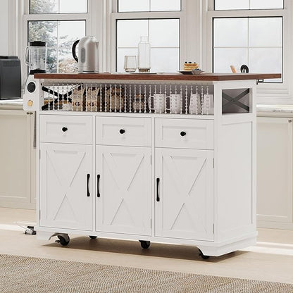RUNNA 46.5'' Farmhouse Kitchen Island with Drape of Beads,Power Outlet,Rolling Kitchen Cart on Wheels with Drop Leaf, 3 Doors,3 Drawers and Internal Iron Shelf,Dining Room (White@72)