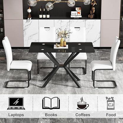 47" Black Glass Dining Table for 4, Modern Kitchen Dining Room Table with Rectangular Tempered Glass Top and Black X Metal Legs, Glass Dinner Table for Kitchen