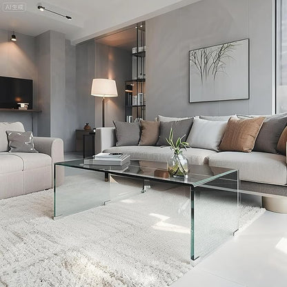 Modern 39.4" Tempered Glass Coffee Table, 12mm Ultra-Thick Waterfall Clear Center Table for Living Room, Minimalist Rectangle Coffee Table for Small Spaces, No Assembly Required