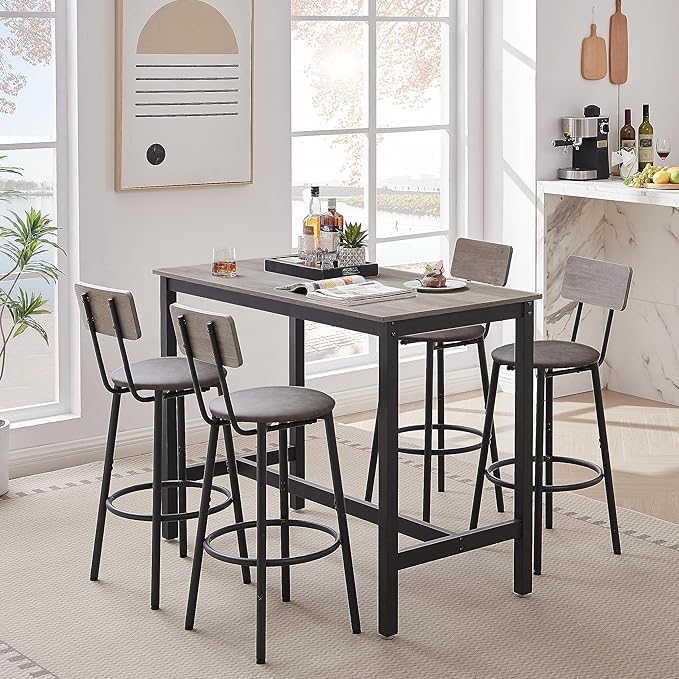 Bar Table Set for 4 with 4 PU Upholstered Stools, Pub Bistro Dinning Table and Stools with Backrest, Counter Height Bar Table Set for Apartment, Kitchen, Small Space