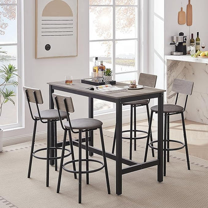 Bar Table Set for 4 with 4 PU Upholstered Stools, Pub Bistro Dinning Table and Stools with Backrest, Counter Height Bar Table Set for Apartment, Kitchen, Small Space