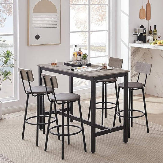 Grey Industrial Bar Height Table and Chairs Set - 5-Piece Bar Table & Chairs Set, Perfect as Kitchen Table, Small Dining Table with Chairs, or Kitchen Island Seating
