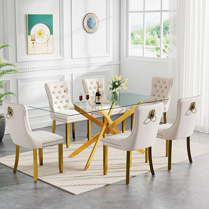Gold Glass Dining Table for 6 Modern 60.6" Rectangular Kitchen Dining Room Table for 4-6 with X-Shape Metal Base Large Clear Glass Top Dining Tables for Home Kitchen