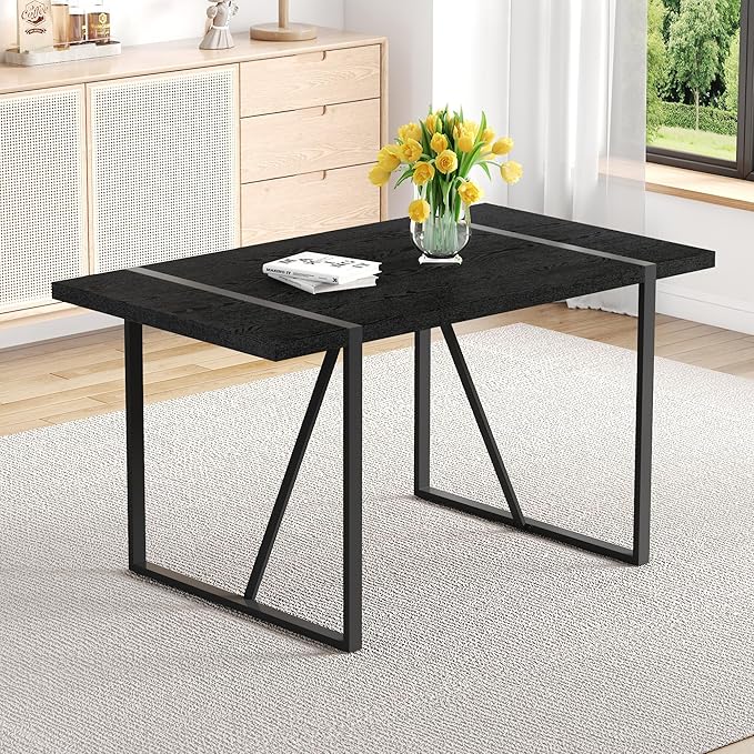 55" Extendable Island Table, Rustic Dining Table with Metal Frame, Mid Century Dining Table for Kitchen Dining Living Room, Black