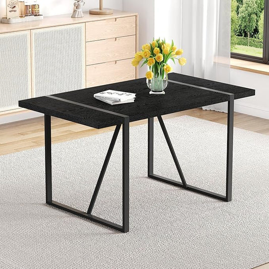 55" Extendable Island Table, Rustic Dining Table with Metal Frame, Mid Century Dining Table for Kitchen Dining Living Room, Black