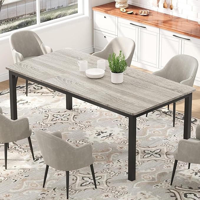 Garvee 79 in Dining Table for 6, Farmhouse Wooden Kitchen Tables for Family, Rectangular Industrial Style Dining Room Table with Sturdy Metal Frame, Long Desk for Restaurant, Kitchen, Office,Grey