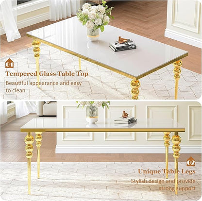 Glass Dining Table Set for 6, Luxurious 70 Inch Rectangular Kitchen Table with White Tempered Glass Top, 6 Black PU Leather Cushion Chairs for Dining Room, Restaurant, Living Room