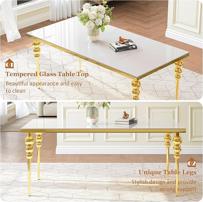 7 Piece Glass Dining Table Set, Modern 70 Inch Gold Rectangular Glass Kitchen Table, 6 Beige Exquisite Velvet Cushion Chairs for Living Room, Restaurant (White-Top)