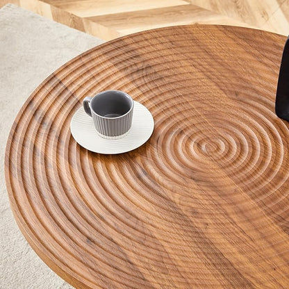Round Dining Table Set with 2 Brown Technology-Fabric Chairs, 31.5 Inch Dark Wood Grain Table with Suction Molding Annular Texture and Gold Leg Decoration, for Kitchen and Dining Room