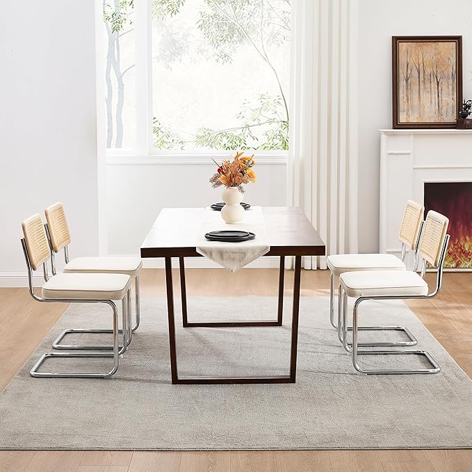 Zesthouse Rattan Dining Chairs Set of 4, White Cesca Chairs with Natural Cane Mesh & Stainless Chrome Base, Mid Century Modern Dining Room Chair, Upholstered Linen Kitchen Chair with Solid Wood Back