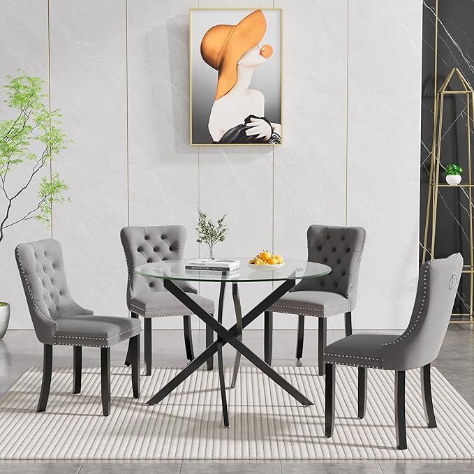 Glass Dining Table,36'' Round Dining Kitchen Table,Modern X-Design Dining Room Table with Black Metal Base for Dining Room