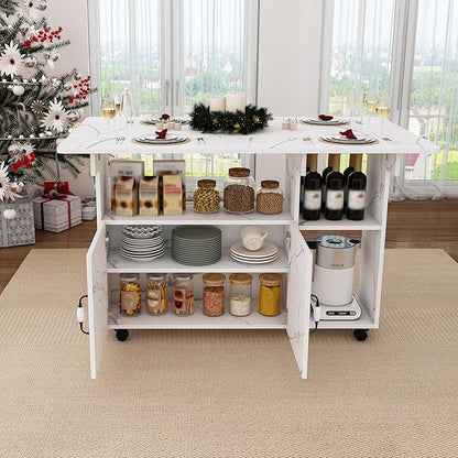 47" Folding Dining Table with Storage Shelves, Multi-Functional Rolling Kitchen Island on Wheels, Compact Desk for Small Spaces, Kitchen, Dining Room, Work, White