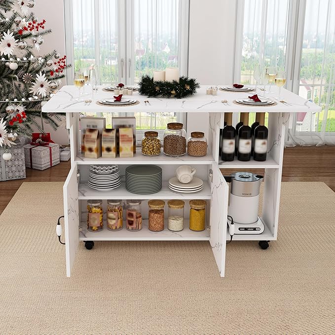 Farmhouse Folding Dining Table with Storage Shelves and Wheels, Space Saving Foldable Dining Table for Small Spaces Expandable Kitchen Table for Dining Room Living Room Apartment (White)