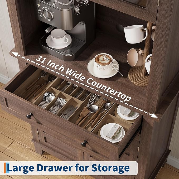 Garvee 72 in Tall Kitchen Pantry Cabinet, Kitchen Hutch Bar Cabinet with Microwave Stand, Cupboard with Drawers Glass Doors for Dining Room, Living Room, Brown