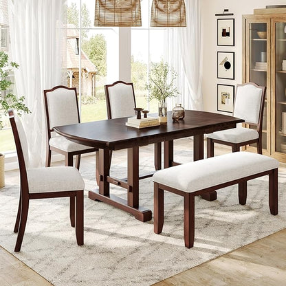 Ball & Cast Farmhouse Dining-Chairs Set of 4, High Back Wood Frame Dining Room Chair with Padded Seat, Modern Upholstered Kitchen Island Seating, 4 Pack Mid-Century Chairs, Cherry&Beige