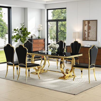 7-Piece Modern Luxury Dining Table Set, 70" Black Tempered Glass Kitchen Table with Gold Polished Stainless Steel U-Shaped Pedestal Base and 6 Black Upholstered High-Back Side Chairs for Dining Room
