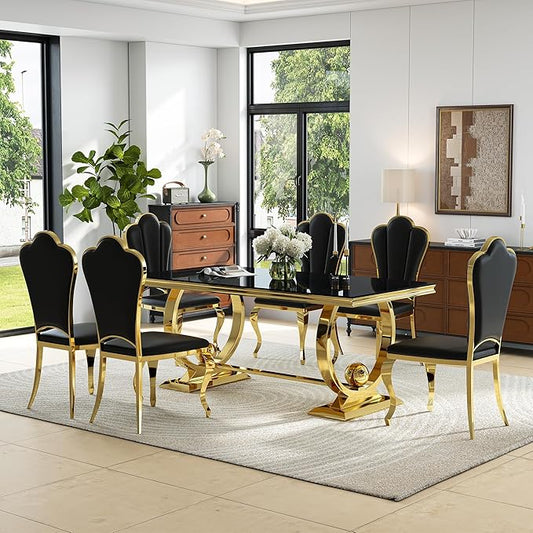 7-Piece Modern Luxury Dining Table Set, 70" Black Tempered Glass Kitchen Table with Gold Polished Stainless Steel U-Shaped Pedestal Base and 6 Black Upholstered High-Back Side Chairs for Dining Room