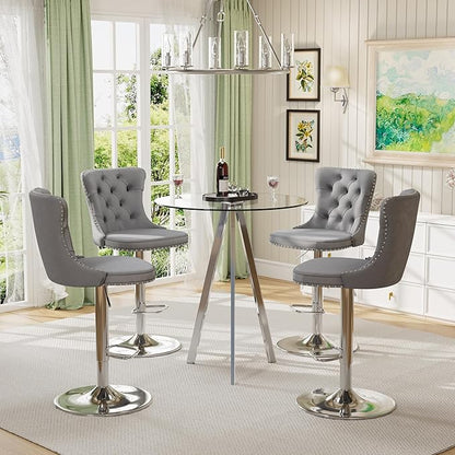 Small Round Bar Table and Adjustable Barstools Set for 4, Glass Counter Height Table with 4 Velvet Bar Chairs Swivel Island Chairs for Bistro Pub (Silver Metal Leg, Clear Top + Grey Chair)