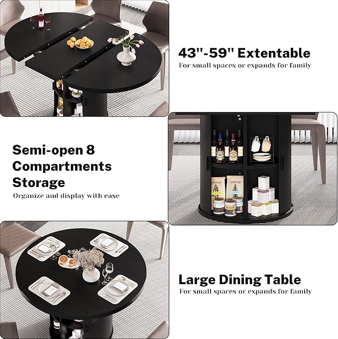 Dining Table for 4-6-8, 43-59" Extendable Round Dining Room Kitchen Table with Storage Shelf, Space Saving Expandable Wood Oval Circle Dinner Table with Pedestal Base for Kitchen Living Room (Black)