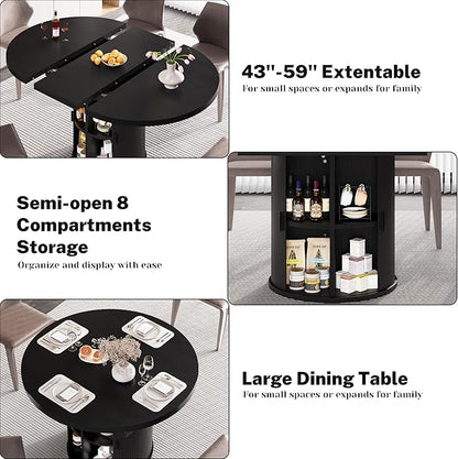Dining Table for 4-6-8, 43-59" Extendable Round Dining Room Kitchen Table with Storage Shelf, Space Saving Expandable Wood Oval Circle Dinner Table with Pedestal Base for Kitchen Living Room (Black)
