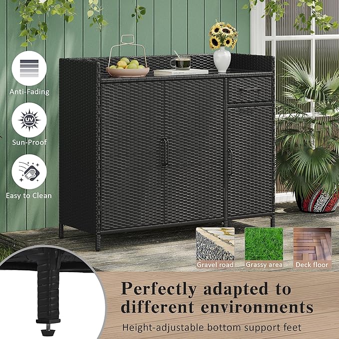 47.5 Inch Outdoor Storage Cabinet Wicker Buffet Table Patio Sideboard Tempered Glass Top Adjustable Shelves 3 Door Rattan Kitchen Island Drawer Dining Serving Console Metal Frame Black Brown