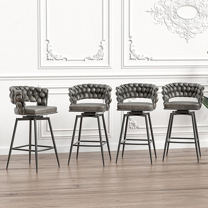 GOWE 28" Technical Leather Woven Bar Stool Set of 2,Black Legs Barstools No Adjustable Kitchen Island Chairs,360 Swivel Bar Stools Upholstered Counter Stool Arm Chairs with Back Footrest (Tan)
