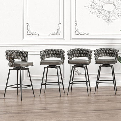 GOWE 28" Technical Leather Woven Bar Stool Set of 2,Black Legs Barstools No Adjustable Kitchen Island Chairs,360 Swivel Bar Stools Upholstered Counter Stool Arm Chairs with Back Footrest (Tan)