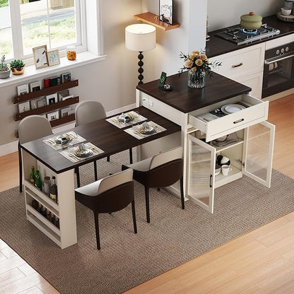 Kitchen Islands with Extendable Dining Table, 83.1" Mobile Kitchen Storage Islands, for 2-6 Person, with Tempered Glass Doors, Woodgrain Dining Table,Power Outlet,Bar, with Slide Out Table