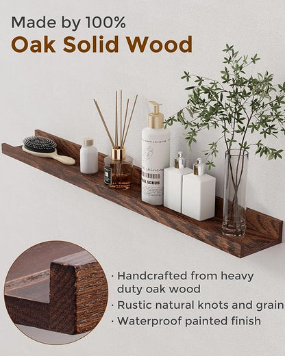 Axeman Oak Picture Ledge Shelf, 72 Inch Floating Shelves Set of 2, Solid Oak Wood Wall Shelves with Lip, Wall Decor Storage for Bedroom Living Room Bathroom Kitchen Nursery Photo Picture, Walnut