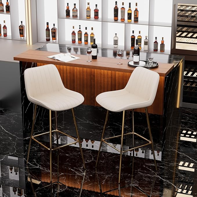 Modern Bar Table and Bar Stools Set, Marble-Look Counter Table with Wood Accent Top & Beige Velvet Bar Chairs Set of 2 with Gold Legs, Kitchen Island Pub Table Set for Home Bar, Dining Room