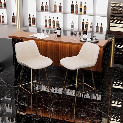 Modern Bar Table and Bar Stools Set, Marble-Look Counter Table with Wood Accent Top & Beige Velvet Bar Chairs Set of 2 with Gold Legs, Kitchen Island Pub Table Set for Home Bar, Dining Room
