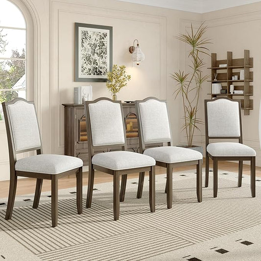 Ball & Cast Farmhouse Dining-Chairs Set of 4, High Back Wood Frame Dining Room Chair with Padded Seat, Modern Upholstered Kitchen Island Seating, 4 Pack Mid-Century Chairs, Brown&Beige