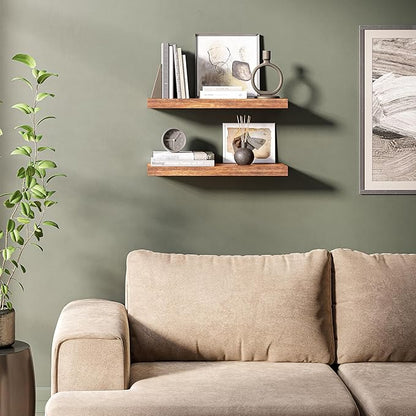 Ballucci Floating Shelves, 24" Wood Wall Shelf Set of 2, with Invisible Brackets for Bathroom, Living Room, Bedroom, Kitchen, Nursery, 6" Deep, Rustic Brown