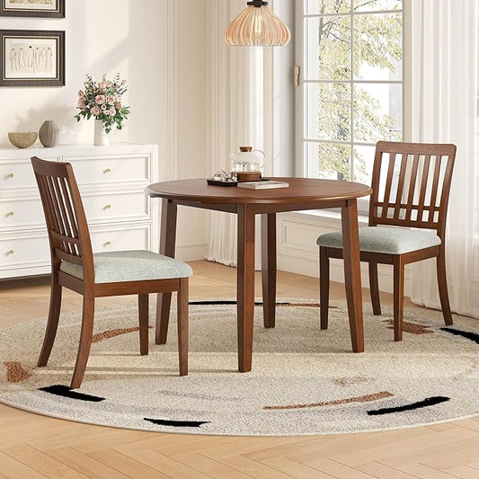 Merax 3-Piece Drop Leaf Round Dining Table Set for 2, Farmhouse Kitchen Table Set with Extendable Round Table and 2 Upholstered Chairs. Wood Table and Chairs Set for Dining Room, Living Room, Brown